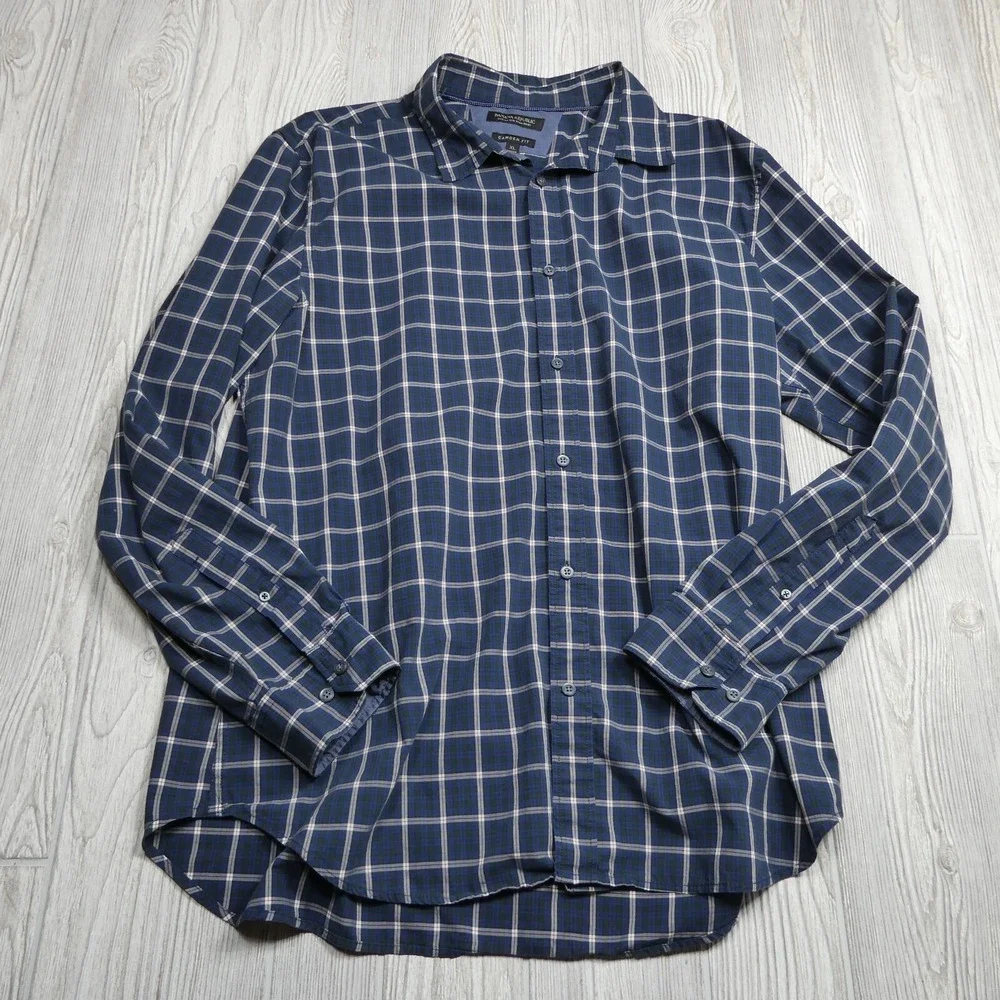 Banana Republic Shirt Adult XL Blue Plaid Custom 078 Wash‎ Camden Fit Mens